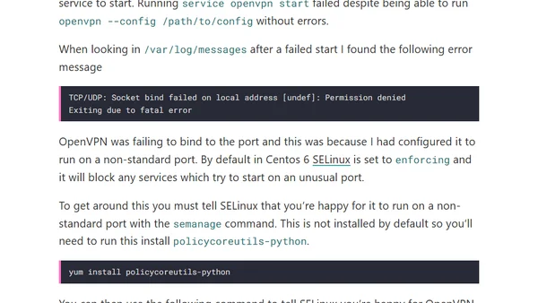 Run OpenVPN on non-standard port with SELinux and Centos 6