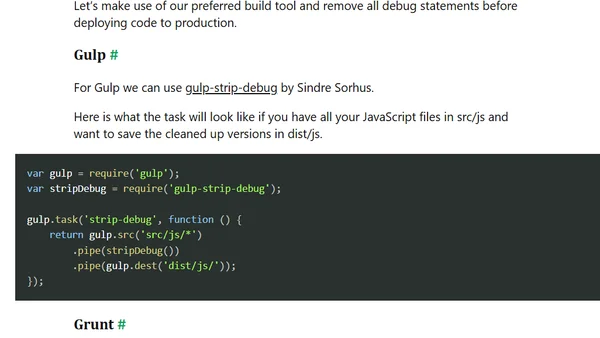 Remove console and debugger statements for production with gulp/grunt