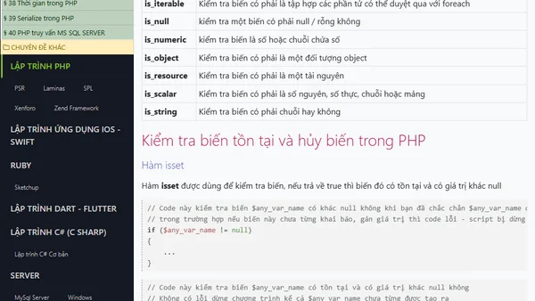 Các hàm kiểm tra kiểu dữ liệu của biến hủy biến trong PHP