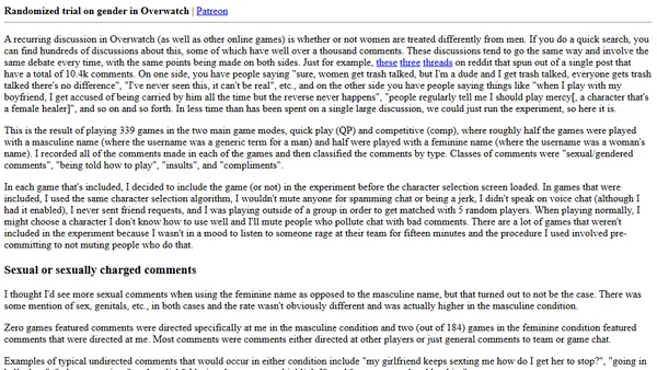 Randomized trial on gender in Overwatch