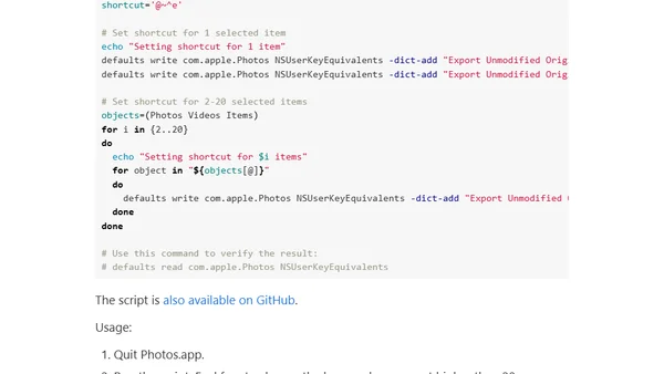 Keyboard shortcuts for Export Unmodified Original in Photos for Mac