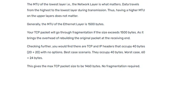 What is the actual max packet size for a TCP connection?