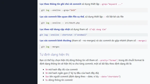Sử dụng lệnh git log xem lại lịch sử các commit trên git