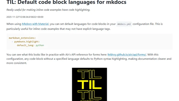 TIL: Default code block languages for mkdocs