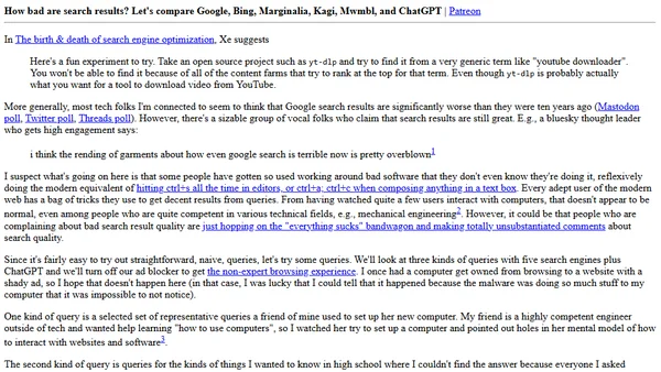 How bad are search results? Let's compare Google, Bing, Marginalia, Kagi, Mwmbl, and ChatGPT