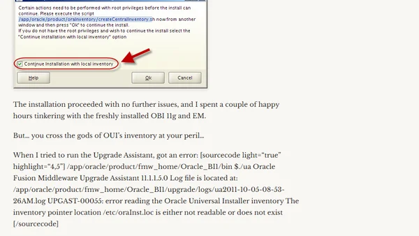 OBI 11g : UPGAST-00055: error reading the Oracle Universal Installer inventory