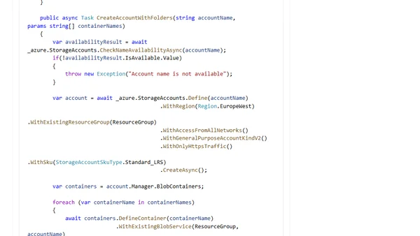 Creating storage accounts and blob containers using Azure fluent API-s