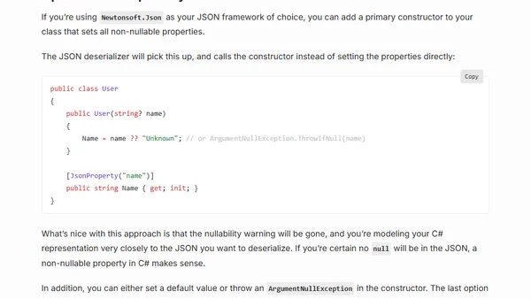 Getting rid of warnings with nullable reference types and JSON object models in C#