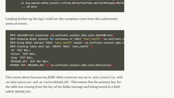 Kafka Connect - SQLSyntaxErrorException: BLOB/TEXT column … used in key specification without a key length