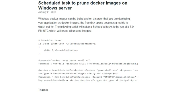 Scheduled task to prune docker images on Windows server