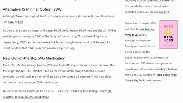HTML Minifier Next: Even Faster, JavaScript Minification With SWC, SVG Minification