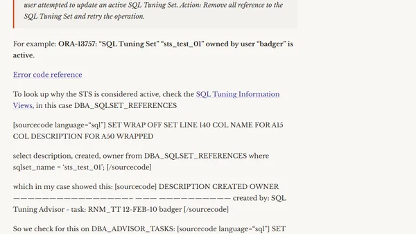 ORA-13757: "SQL Tuning Set" "string" owned by user "string" is active.