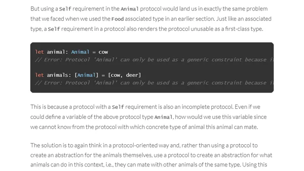 A Protocol-Oriented Approach to Associated Types and Self Requirements in Swift