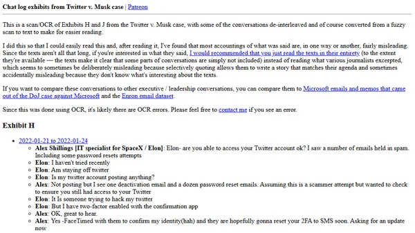 Chat log exhibits from Twitter v. Musk case
