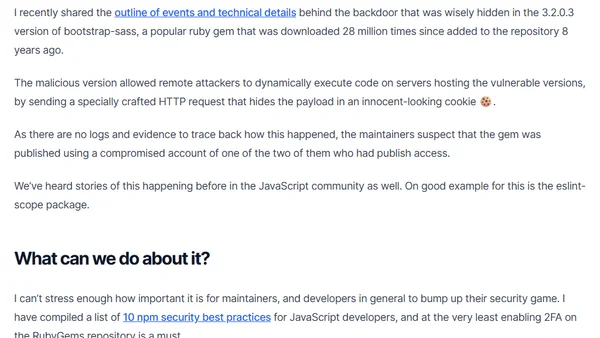 Did you hear about the malicious backdoor discovered in the popular bootstrap-sass Ruby gem?