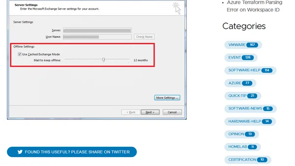 Mailbox filling up harddisk? Turn Off Cached Exchange Mode
