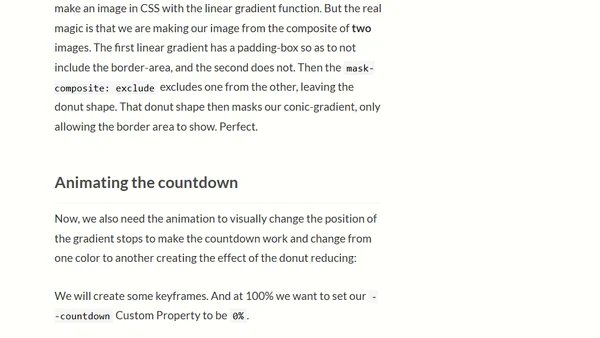 A single element CSS donut timer/countdown timer, that can sit on any background