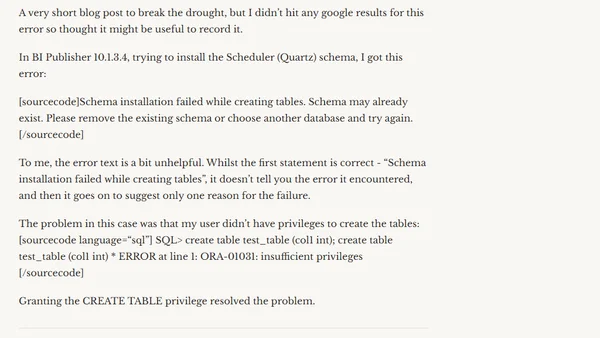 BI Publisher - error creating Quartz tables