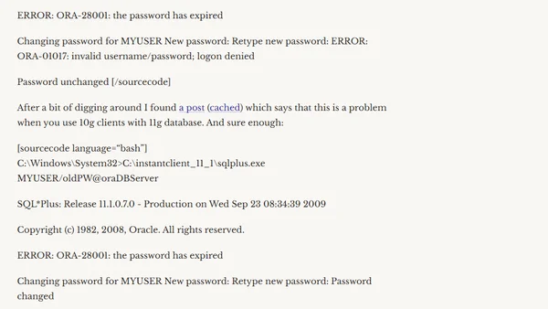 Changing password on Oracle 11g from 10g clients (ORA-28001 -> ORA-01017)