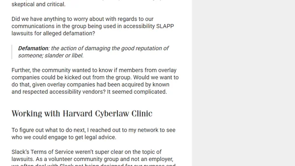 Developing anti-SLAPP policies for A11y Slack with Harvard Cyberlaw Clinic