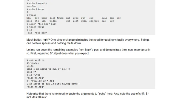 The rc shell and its excellent handling of whitespace