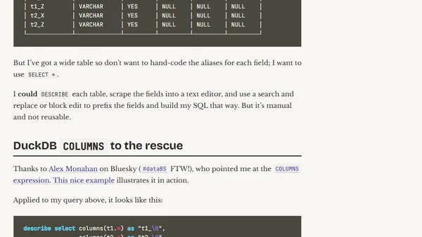 DuckDB tricks - renaming fields in a SELECT * across tables