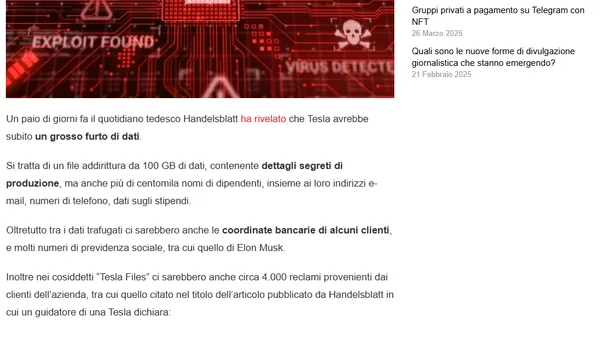 Tesla: rubati segreti di produzione e migliaia di e-mail, numeri di telefono, coordinate bancarie, eccetera
