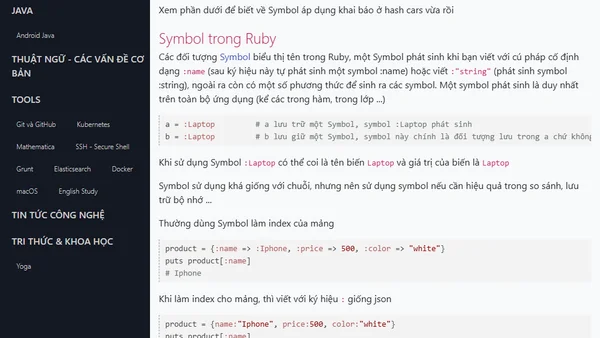 Bảng băm hash symbol và duyệt phần tử với each trong Ruby