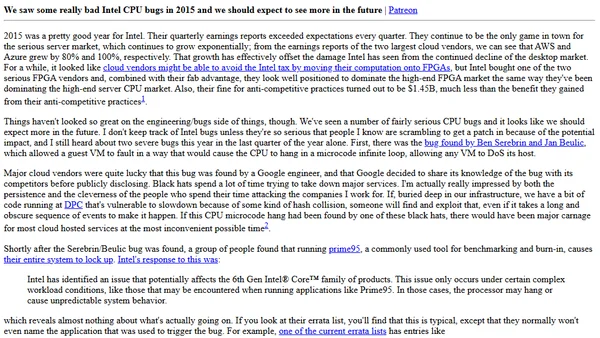 We saw some really bad Intel CPU bugs in 2015 and we should expect to see more in the future