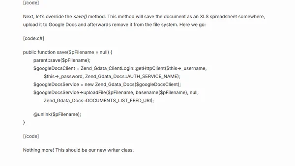 Saving a PHPExcel spreadsheet to Google Documents