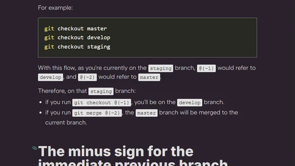 The minus (-) option in Git, an alias for the previous branch