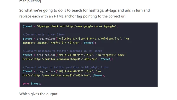 Convert tweet hashtags, at-tags and urls to links with PHP and Regular Expressions