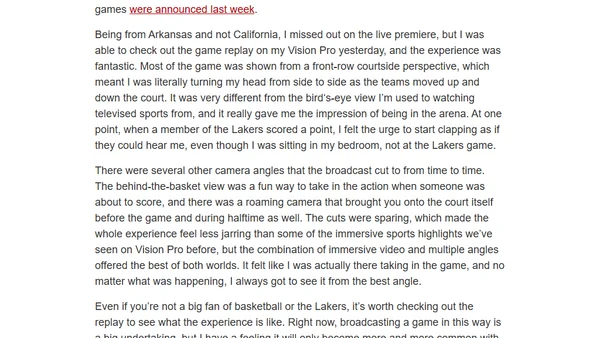 Immersive Lakers Game Now Widely Available on Apple Vision Pro