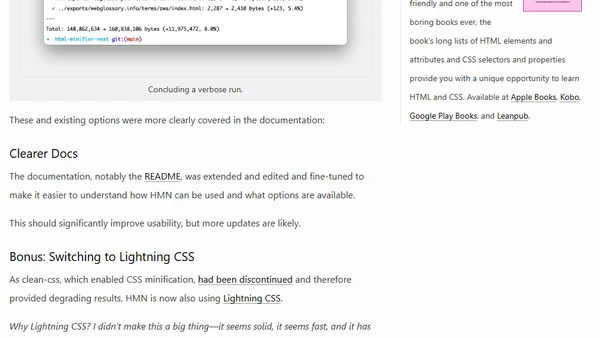 HTML Minifier Next: Improved Minification, More Comprehensive CLI, Clearer Docs (and a Switch to Lightning CSS)