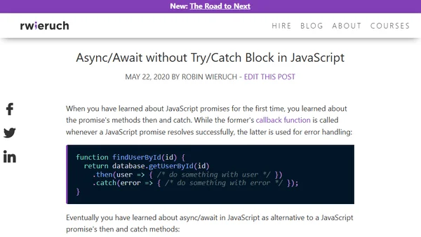 Async/Await without Try/Catch Block in JavaScript