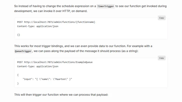 Invoking non-HTTP Azure Functions over HTTP to make development easier