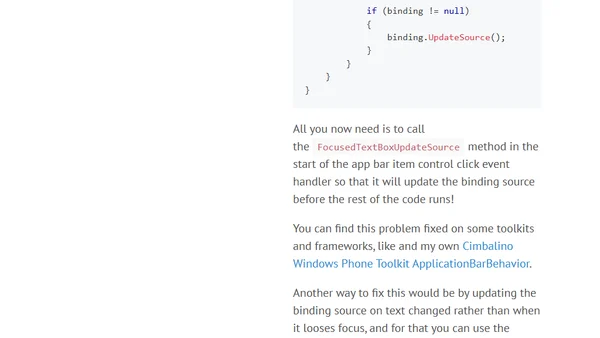 How to force a focused Textbox binding to update when I tap an app bar item