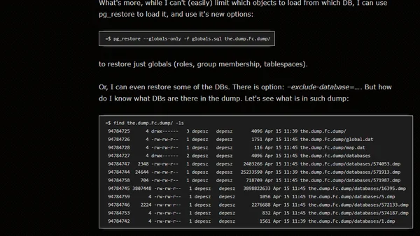 Waiting for PostgreSQL 18 – Non text modes for pg_dumpall, correspondingly change pg_restore