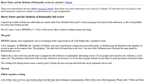 Harry Potter and the Methods of Rationality review by su3su2u1