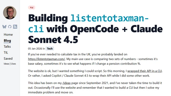 Building `listentotaxman-cli` with OpenCode + Claude Sonnet 4.5