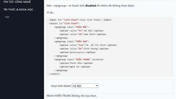 Thẻ <select> và <option> trong HTML
