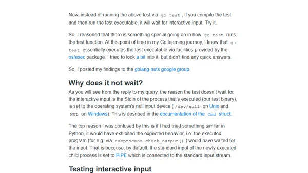The "go test" command, os.Stdin and testing interactive input