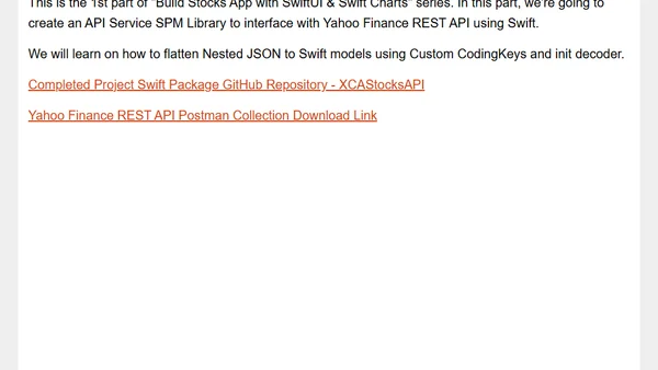Video Tutorial - Build Swift Charts Stocks App - Part 1 - Yahoo Finance API Service - SwiftUI