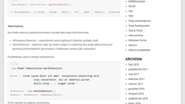 Ekstrakcja danych – tokenizacja tekstu – PHP-ML