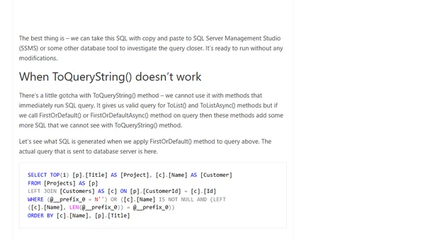 EF Core 5.0: Using ToQueryString() method to translate LINQ query to SQL