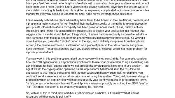 How SmarterEveryDay's 4privacy can, and cannot, meet its goals