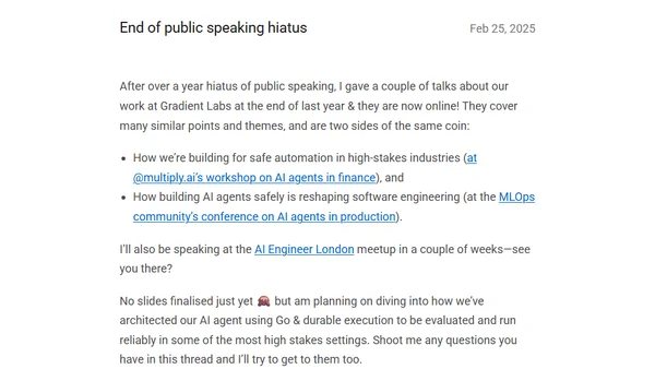 End of public speaking hiatus