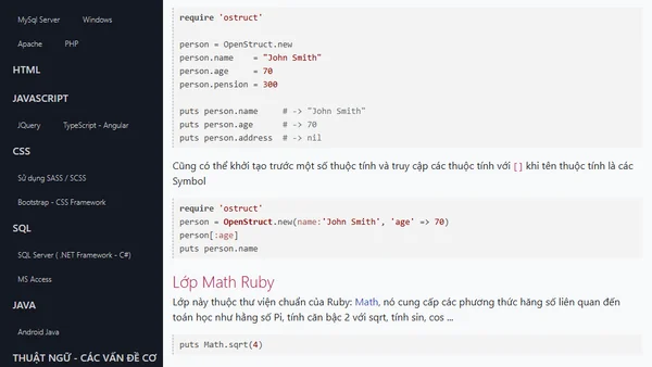 Struct OStruct và lớp Math Time trong Ruby