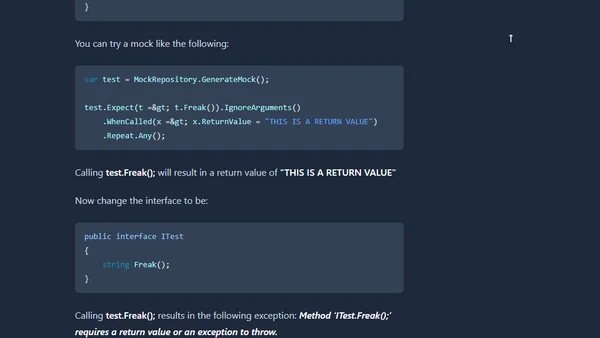 Rhino Mocks Method ‘YYY' requires a return value or an exception to throw.