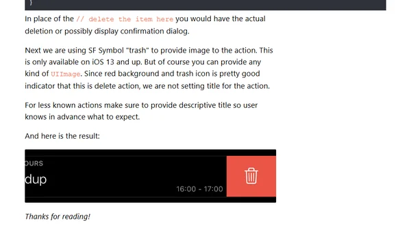 How to implement swipe to delete action with custom icon in TableView